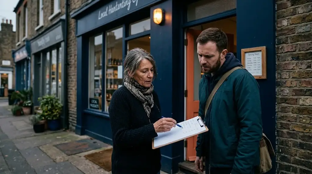 Shop owner and technical specialist checking real storefront details outside a local business