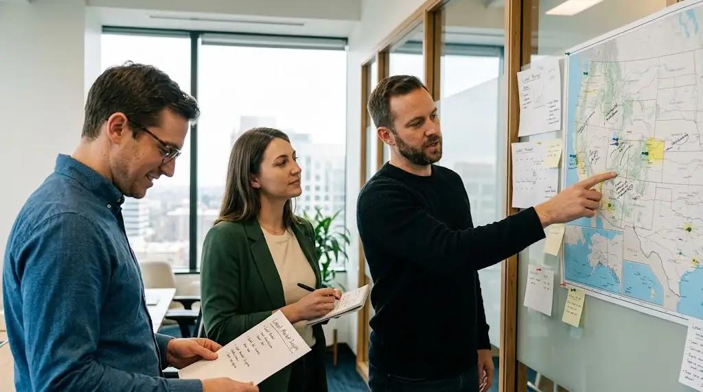 Growth team reviewing a regional service map and local market notes in an office
