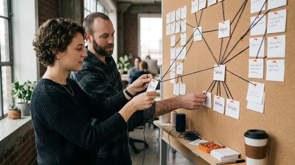 Information architects connecting service, region and article cards on a physical wall