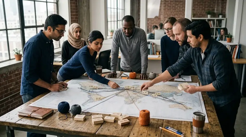 International team mapping regional website versions across a world map